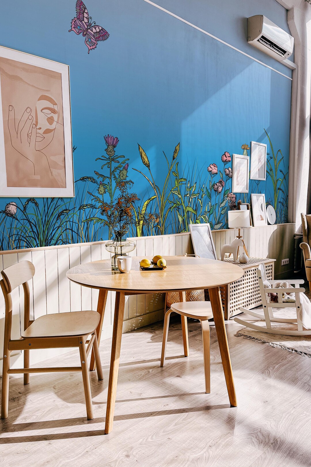 Blue Wildflowers Wallpaper Mural: Airy Botanical Meadow With Fluttering ...