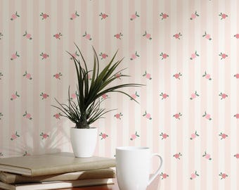 Pink Dainty Roses Wallpaper: Vintage Pattern (Non-Pasted, Pre-Pasted, Peel and Stick, Custom Sizes)