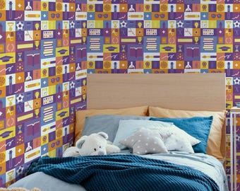 Purple Icon Tiles Wallpaper: Playful Classroom Pattern (Non-Pasted, Pre-Pasted, Peel and Stick, Custom Sizes)