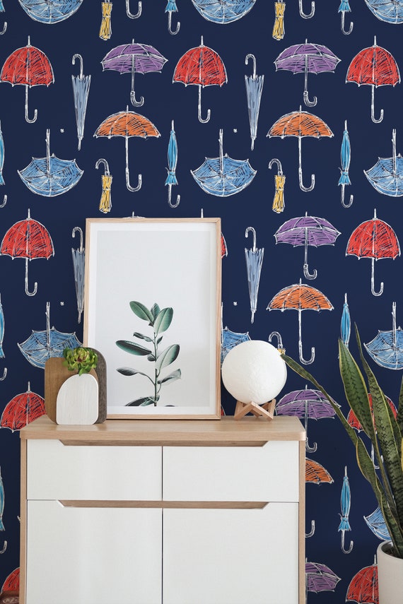 Colorful Umbrella Peel and Stick wallpaper / Rain Removable wallpaper / Colorful wallpaper - Self-adhesive or Traditional