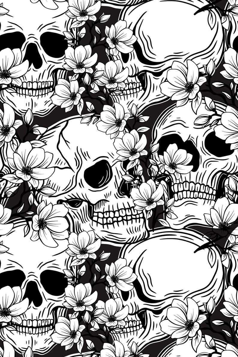 Floral Skull Peel and Stick wallpaper / Skull Removable wallpaper / Black And White wallpaper - Self-adhesive or Traditional image 2