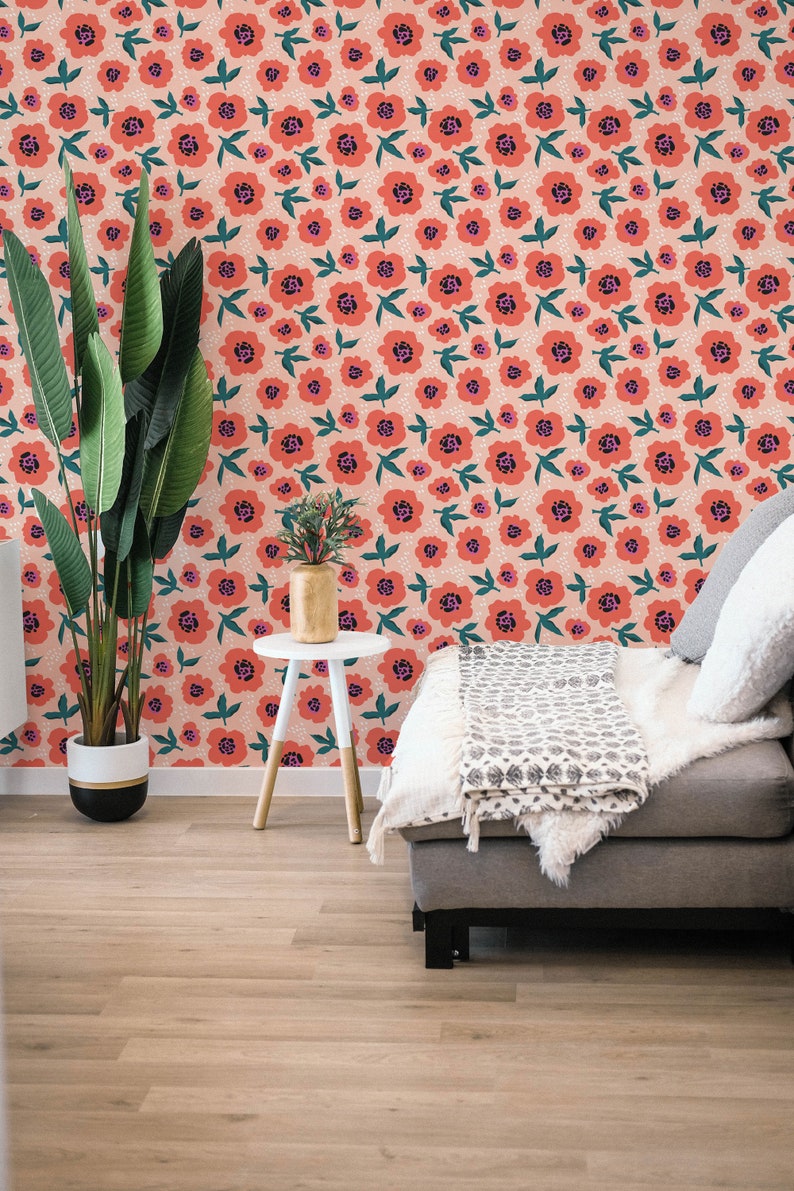 Orange and Pink Floral Peel and Stick Wallpaper / Bright - Etsy