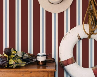 Maroon Vertical Stripe Wallpaper: Coastal Nautical Pattern (Non-Pasted, Pre-Pasted, Peel and Stick, Custom Sizes)