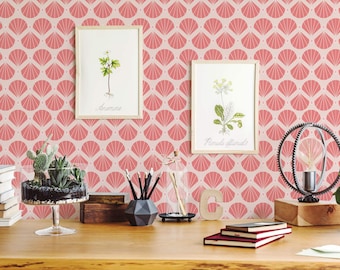 Tapete mit rosa Jakobsmuschelmuster: Art-Deco-Küstenmuster (nicht vorgekleistert, vorgekleistert, selbstklebend, individuelle Größen)