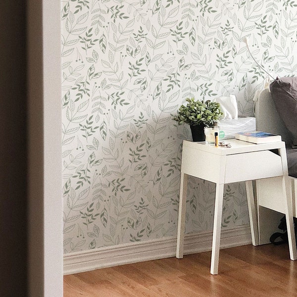 Leaf Peel and Stick wallpaper / Green Leaf Removable wallpaper / Botanical wallpaper - Self-adhesive or Traditional