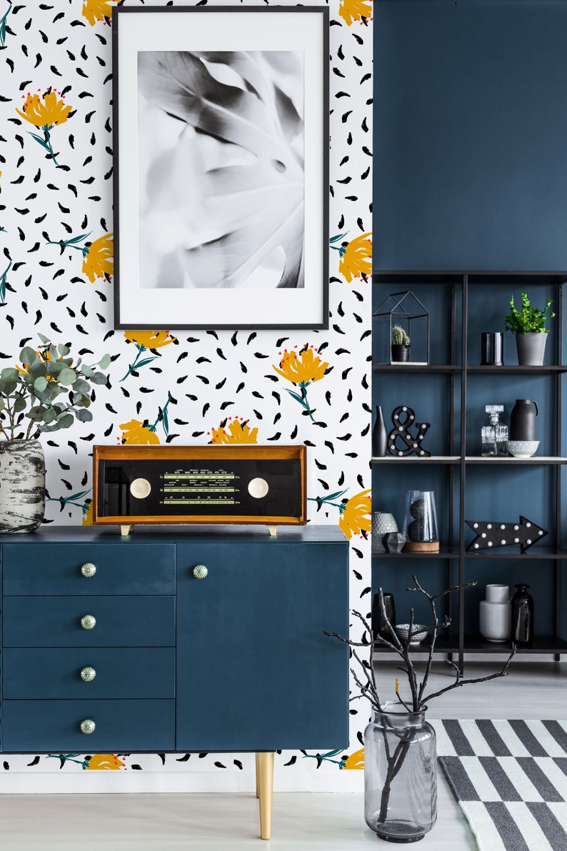 Black and white floral peel and stick wallpaper / floral Etsy