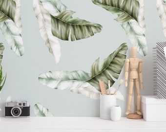 Green and white Leaf Peel and Stick wallpaper / Watercolor Removable wallpaper / Green and white wallpaper - Self-adhesive or Traditional