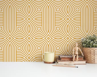 Yellow Geometric Wallpaper: Retro Maze Pattern (Peel and Stick or Non Pasted, Custom Colors & Sizes)