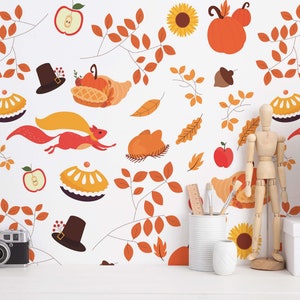 Orange Autumn Peel and Stick wallpaper / Thanksgiving Removable wallpaper / Orange wallpaper - Self-adhesive or Traditional