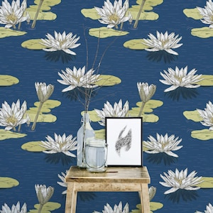 Water lily Peel and Stick wallpaper / Floral Removable wallpaper / Navy blue wallpaper - Self-adhesive or Traditional