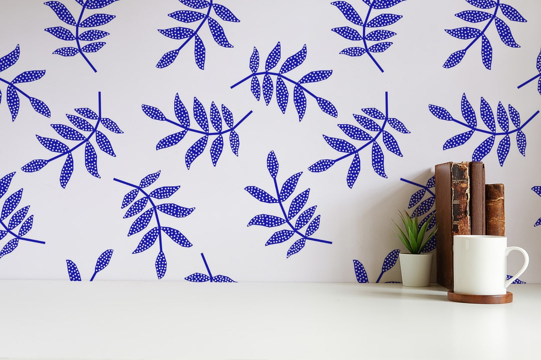 Blue and White Leaf Removable Wallpaper / Seamless Peel and Etsy