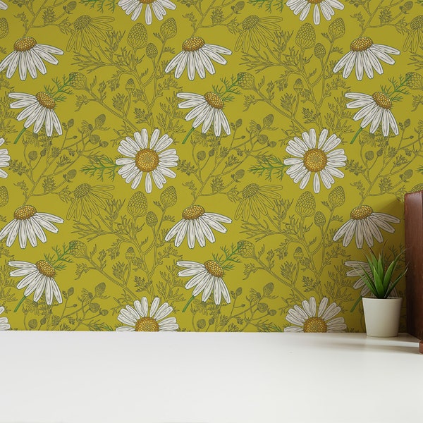 Green Chamomile Peel and Stick wallpaper /  Floral Removable wallpaper / Green wallpaper - Self-adhesive or Traditional