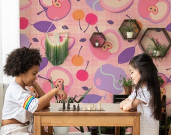 Fruit Scatter Wallpaper Mural: Pastel Plaid Kitchen Whimsy (Non-Pasted, Pre-Pasted, Peel & Stick, Custom Sizes)