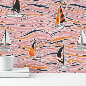 Pink Boat pattern Removable wallpaper / Nautical Peel and Stick wallpaper / Abstract Boat wallpaper - Self-adhesive or Traditional