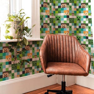 May include: A brown leather office chair with black wheels and a green and brown Minecraft character wallpaper in the background.