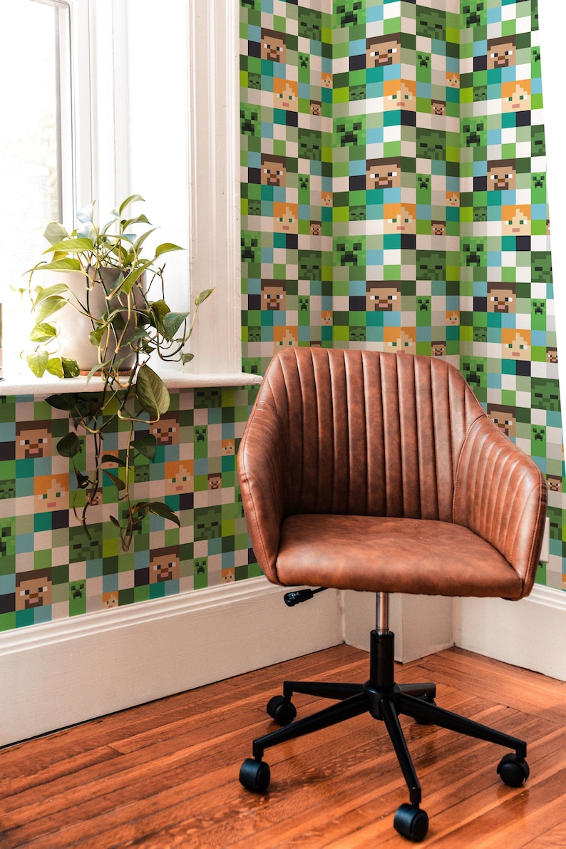 May include: A brown leather office chair with black wheels and a green and brown Minecraft character wallpaper in the background.
