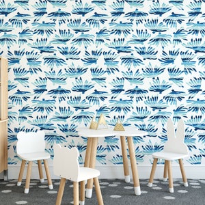 Blue and white Coral Peel and Stick wallpaper / Nautical Removable wallpaper / Coastal wallpaper - Self-adhesive or Traditional