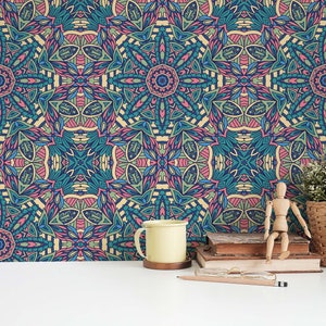 Multicolor Mandala Peel and Stick wallpaper / Moroccan Removable wallpaper / Multicolor wallpaper - Self-adhesive or Traditional