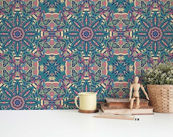 Multicolor Mandala Peel and Stick wallpaper / Moroccan Removable wallpaper / Multicolor wallpaper - Self-adhesive or Traditional