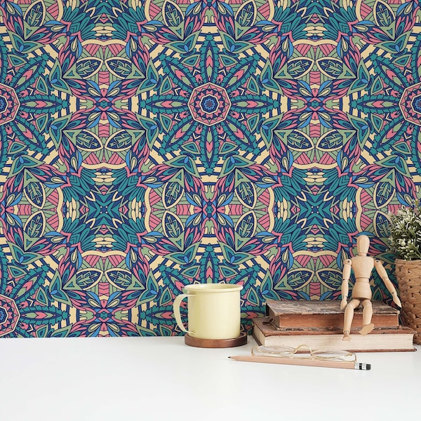 Multicolor Mandala Peel and Stick wallpaper / Moroccan Removable wallpaper / Multicolor wallpaper - Self-adhesive or Traditional