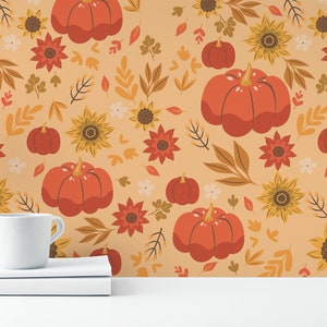 Orange Autumn Peel and Stick wallpaper / Pumpkin Removable wallpaper / Orange wallpaper - Self-adhesive or Traditional