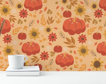 Orange Autumn Peel and Stick wallpaper / Pumpkin Removable wallpaper / Orange wallpaper - Self-adhesive or Traditional