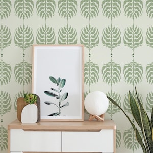 Boho leaf Peel and Stick wallpaper / Scandinavian Removable wallpaper / Green wallpaper - Self-adhesive or Traditional