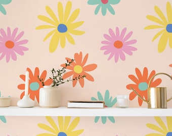 Colorful Floral Peel and Stick wallpaper / Funky Removable wallpaper / Colorful wallpaper - Self-adhesive or Traditional