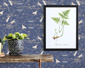 Birds Peel and Stick wallpaper / Gold Removable wallpaper / Art Deco Blue wallpaper - Self-adhesive or Traditional