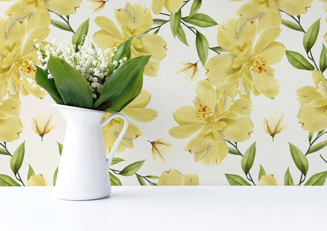 Yellow Floral Peel and Stick Wallpaper / Seamless Removable Wallpaper