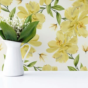 Yellow Floral Peel and Stick wallpaper / Seamless Removable wallpaper / Floral wallpaper - Self-adhesive or Traditional