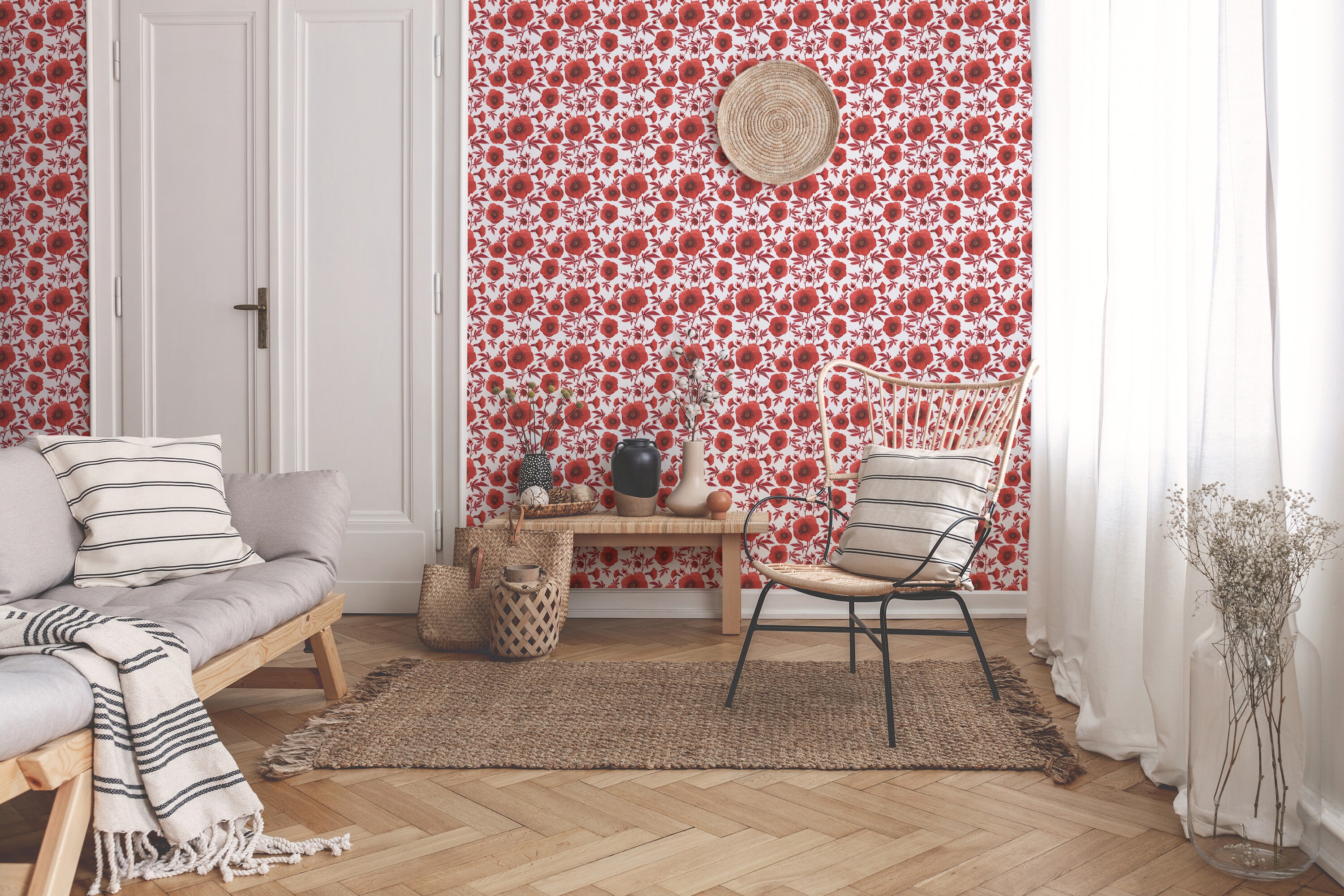 Red Poppy Floral Peel and Stick Wallpaper / Flower Removable Wallpaper ...