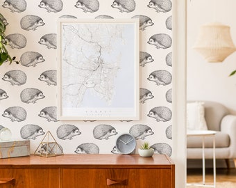 Black and white Hedgehog Peel and Stick wallpaper / Animal Removable wallpaper / Hedgehog wallpaper - Self-adhesive or Traditional