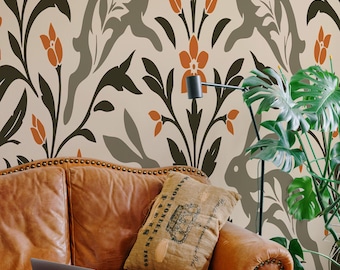 Beige Rabbit Wallpaper Mural: Whimsical Halloween Floral Repeat (Non-Pasted, Pre-Pasted, Peel & Stick, Custom Sizes)