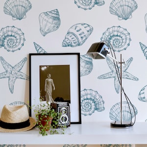 Blue Seashell Peel and Stick wallpaper / Sea life Removable wallpaper / Blue wallpaper - Self-adhesive or Traditional