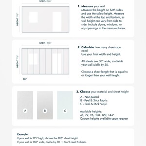 Pink Watercolor Botanical self-adhesive wallpaper ordering guide showing wall measuring and sheet quantity steps.