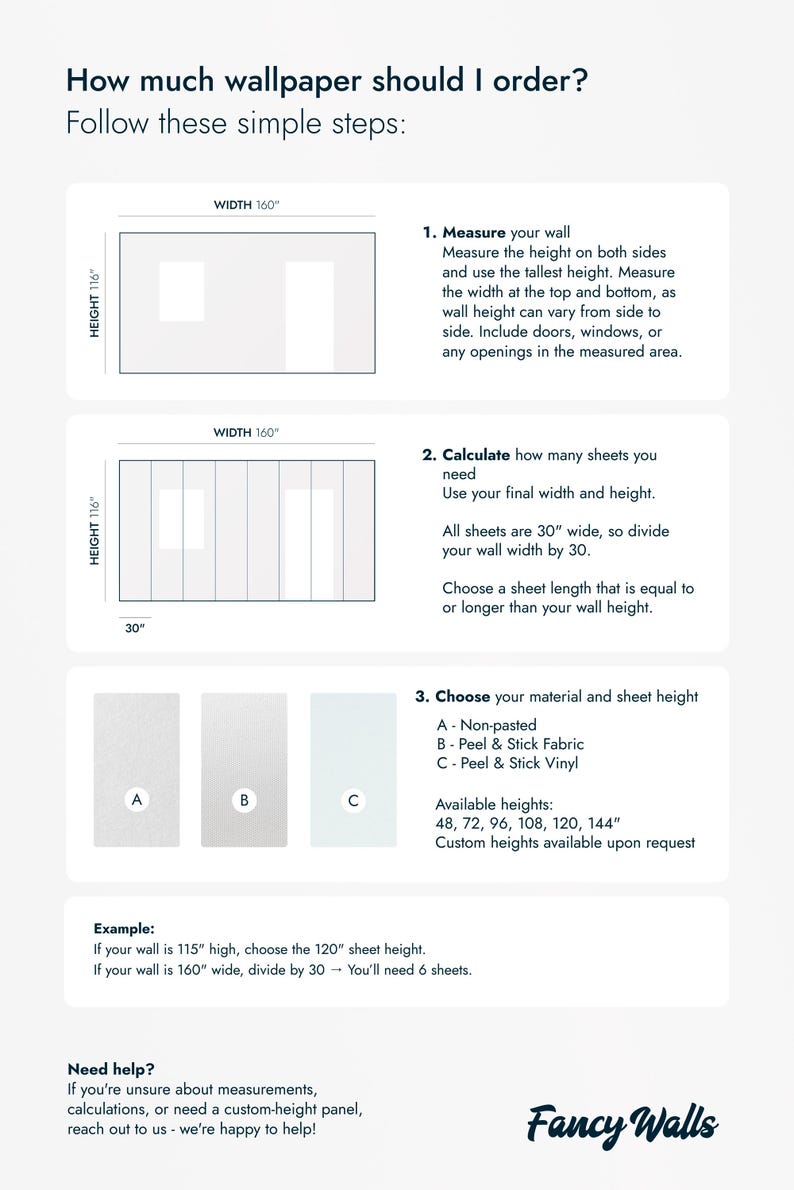 Pink Watercolor Botanical self-adhesive wallpaper ordering guide showing wall measuring and sheet quantity steps.