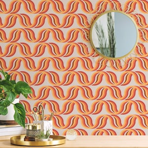 Orange and red Wave Peel and Stick wallpaper / Retro Removable wallpaper / Orange and red wallpaper - Self-adhesive or Traditional