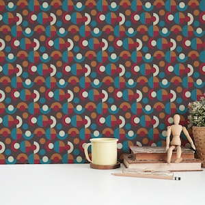 Dark retro Peel and Stick wallpaper / Geometric Removable wallpaper / Teal, red wallpaper - Self-adhesive or Traditional