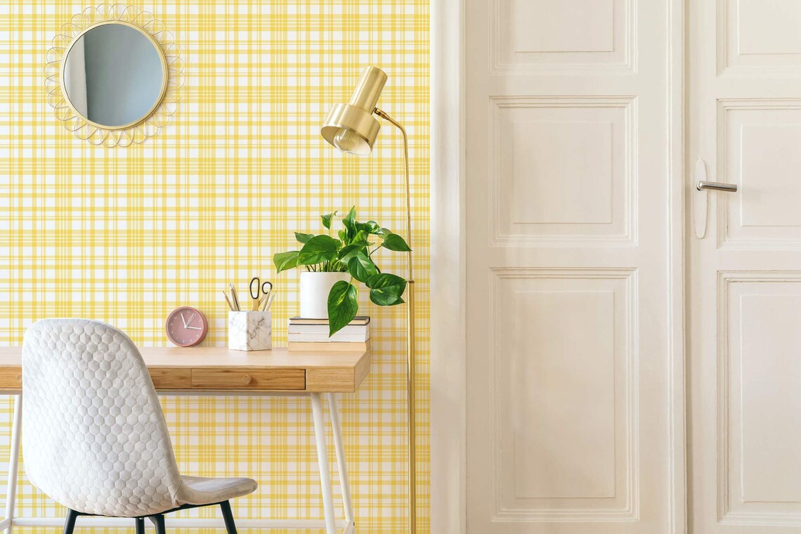 Yellow Plaid Peel and Stick Wallpaper / Plaid Stick and Peel Etsy