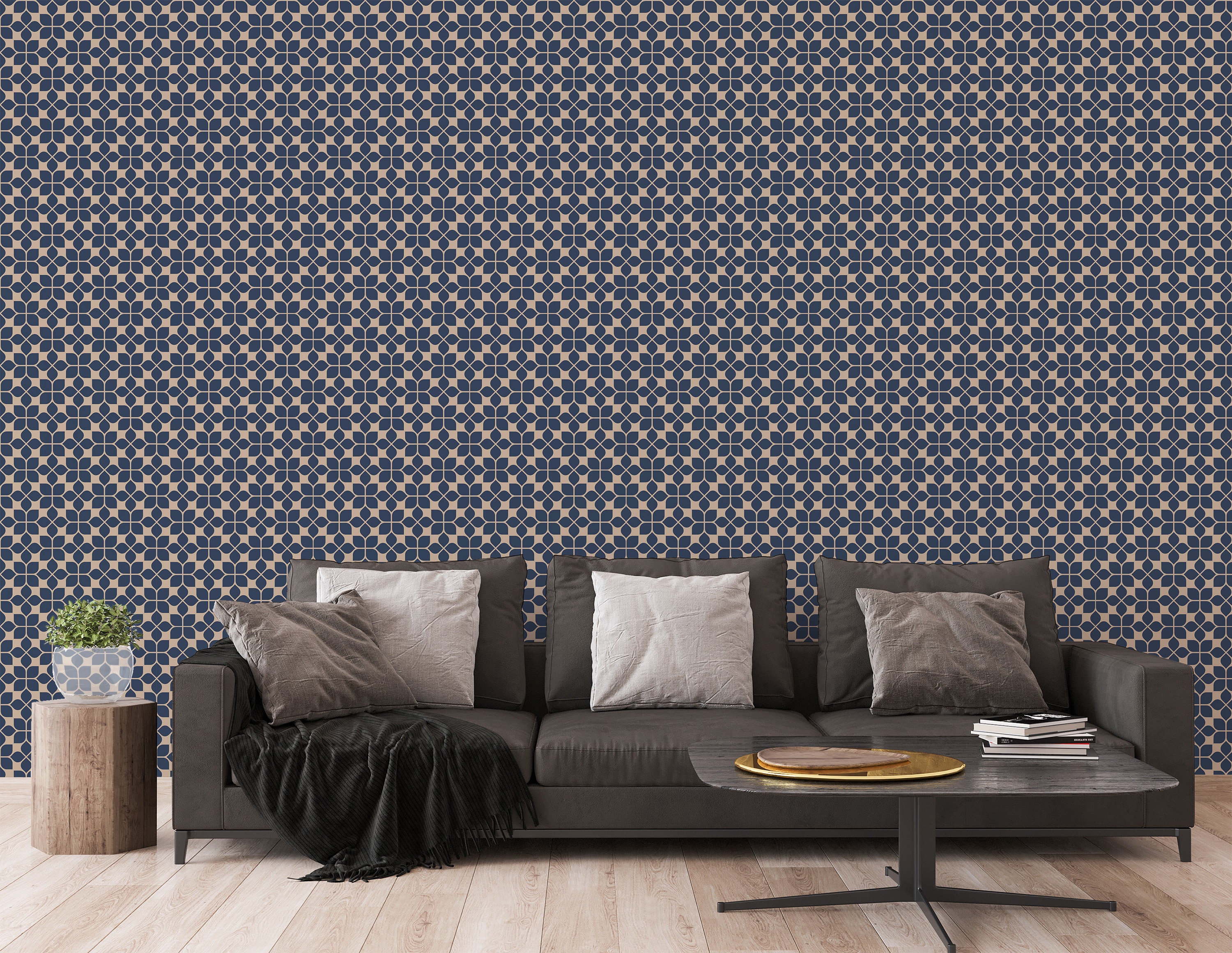 Blue Geometric Peel and Stick Wallpaper / Floral Removable Wallpaper ...