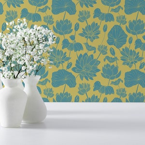 Green and yellow Retro Floral Peel and Stick wallpaper /  Mid-century Removable wallpaper / Floral wallpaper - Self-adhesive or Traditional