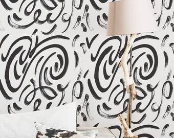 Eclectic Brush Stroke wallpaper - Peel and Stick Wallpaper or Non Pasted Wallpaper / Brush stroke wallpaper / Black and white wallpaper