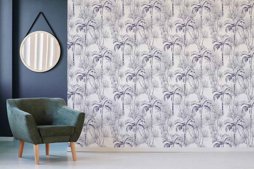 Blue Palm Tree Peel and Stick Wallpaper / Tropical Removable Wallpaper