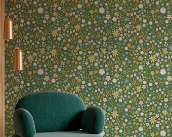 Olive Green Wildflowers Wallpaper: Biophilic Meadow Design (Non-Pasted, Pre-Pasted, Peel and Stick, Custom Sizes)