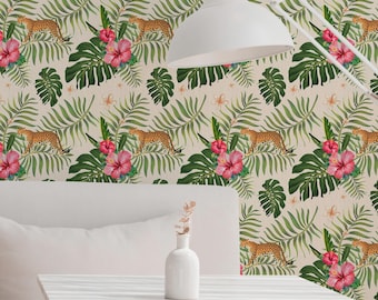 Green Tropical Leopard Wallpaper: Spa Botanical Design (Non-Pasted, Pre-Pasted, Peel and Stick, Custom Sizes)