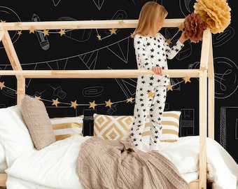 Black School Supplies Wallpaper Mural: Fun Chalk Doodle Classroom Icons (Non-Pasted, Pre-Pasted, Peel & Stick, Custom Sizes)