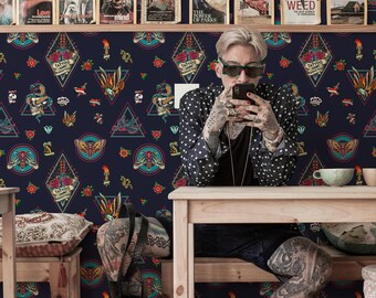 Tattoo Addict Flash Wallpaper: Classic Tattoo Studio Pattern (Non-Pasted, Pre-Pasted, Peel and Stick, Custom Sizes)