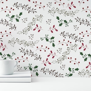 Green and red Christmas Peel and Stick wallpaper / Leaf Removable wallpaper / Green and red wallpaper - Self-adhesive or Traditional
