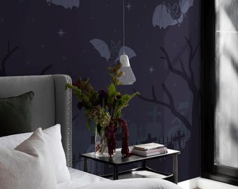 Navy Graveyard Wallpaper Mural: Whimsical Halloween Nightscape (Non-Pasted, Pre-Pasted, Peel & Stick, Custom Sizes)